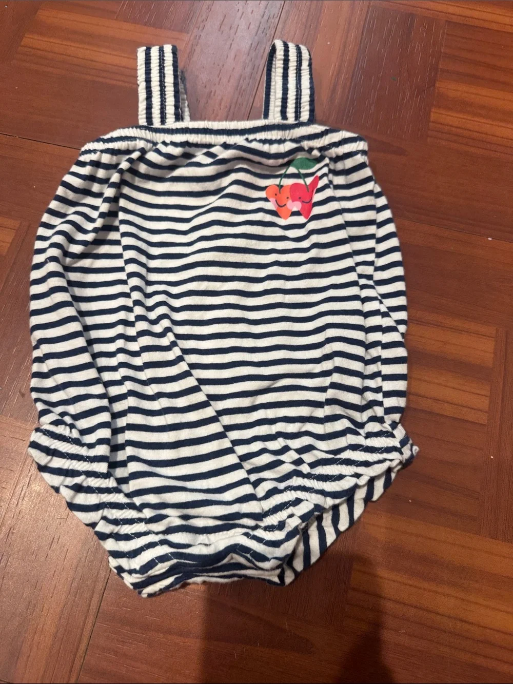 Striped Navy & White Baby Romper with Cherry Patch